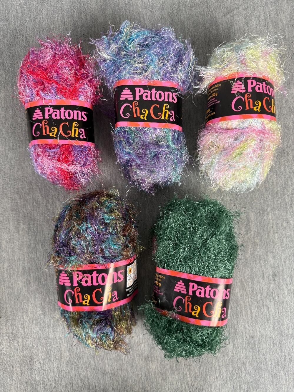 Patons Cha Cha Eyelash Fun Fur Yarn Mixed Lot of 5 x 50 gm Skeins/ 77 Yds